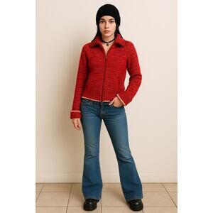 Vintage GAP 100% Lambswool Red Zip Sweater XL Cozy Knit Collared Winter Jacket